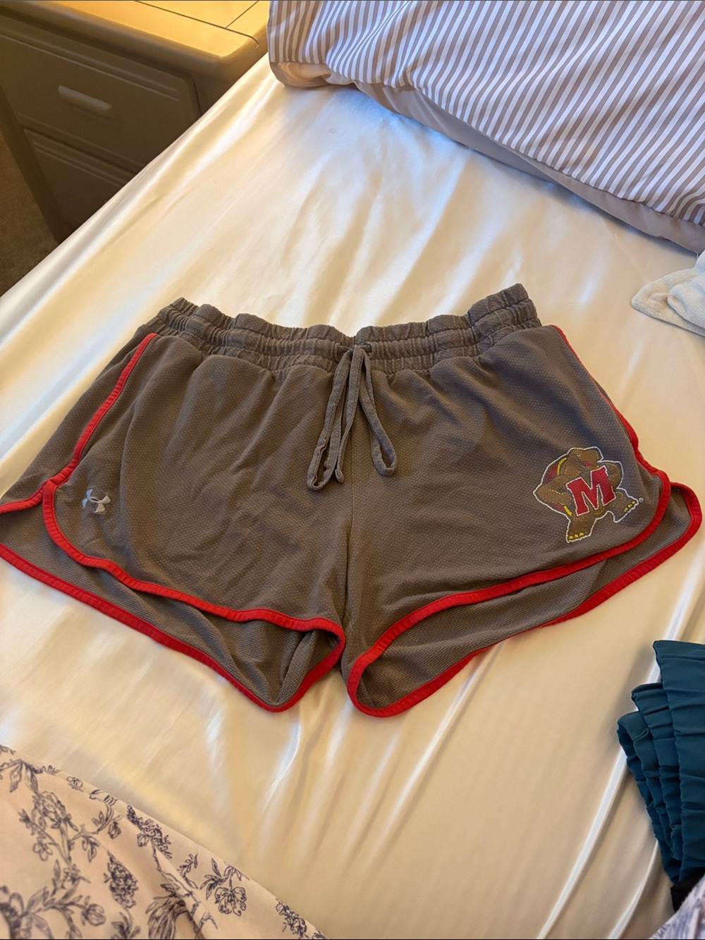 UMD Under Armour Gray Athletic Shorts with Red Trim and Maryland Logo